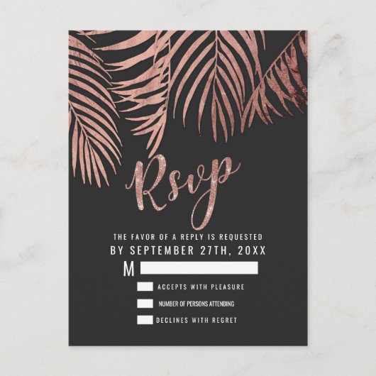 Roos Gouden Palm Tree Fronds Zwart Modern RSVP Briefkaart (Voorkant)
