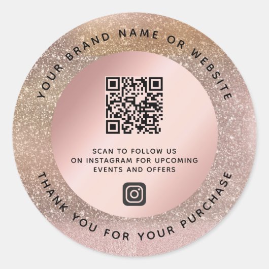 Roos Gouden Pastelglitter Dank u QR-code Ronde Sticker (Voorkant)