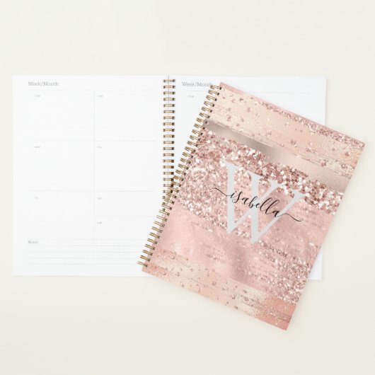 Roos gouden penseelstreken Glitter Script Monogram Planner (Display)