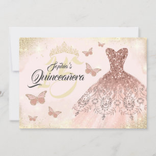 Roos gouden quinceanera vlinderjurk kaart