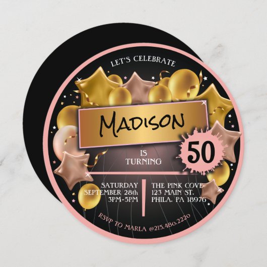 ROOS GOUDEN ROZE Ballonnen 50ste 60ste Verjaardag Kaart (Voorkant / Achterkant)