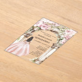 Roos gouden roze bloemen boogjurk Quinceanera Acryl Uitnodigingen (Laagn)
