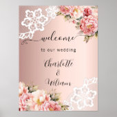 Roos gouden roze bloemen kant bruiloft welkom poster (Voorkant)