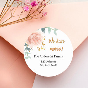 Roos gouden roze bloemen verplaatst nieuw adres ronde sticker