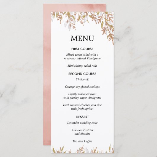 Roos gouden roze blush waterverf bruiloft menu (Voorkant / Achterkant)