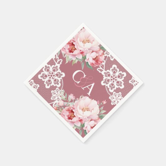 Roos gouden roze rozen bloemen monogram bruiloft servet (Hoek)