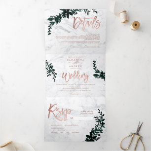 Roos gouden script Bloemen wit marmeren bruiloft Drieluik Uitnodiging
