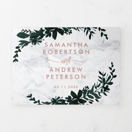 Roos gouden script Bloemen wit marmeren bruiloft Drieluik Uitnodiging (Cover)