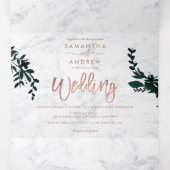 Roos gouden script Bloemen wit marmeren bruiloft Drieluik Uitnodiging (Binnenkant midden)