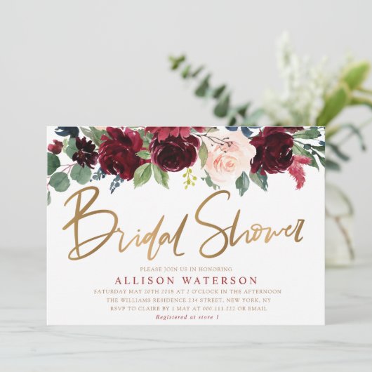 Roos gouden script bordeaux bruids doucheuitnodigi kaart (Staand voorkant)