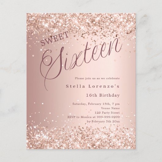 Roos gouden script budget Sweet 16 uitnodiging (Voorkant)