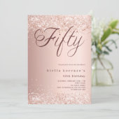 Roos gouden script elegante confetti 50ste verjaar kaart (Staand voorkant)