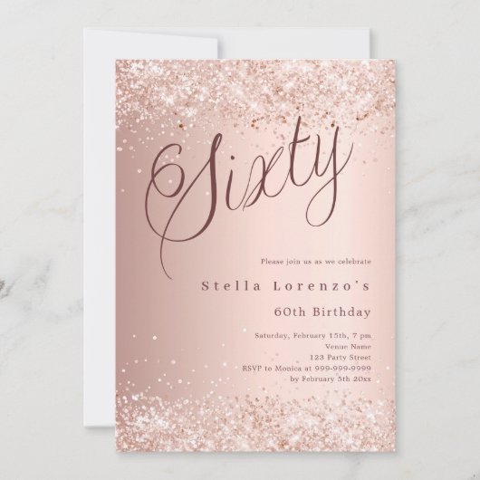 Roos gouden script elegante confetti 60e verjaarda kaart (Voorkant)