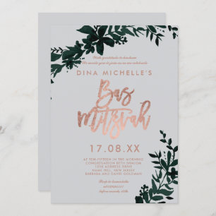 Roos gouden script Floral green Grey bas mitzvah Kaart