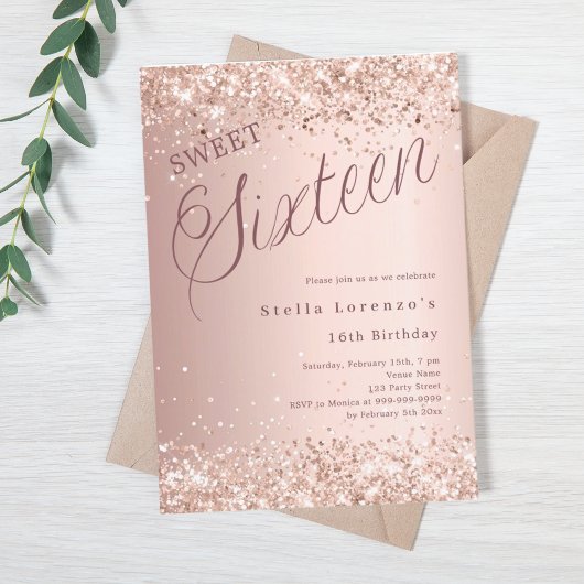 Roos gouden script glitter Sweet 16 Kaart