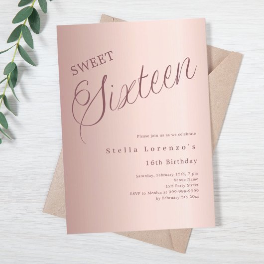 Roos gouden script luxe Sweet 16 Kaart