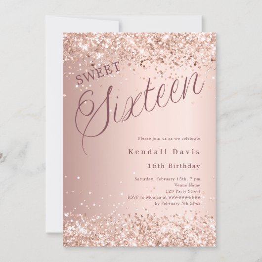 Roos gouden script modern Sweet 16 Kaart (Voorkant)