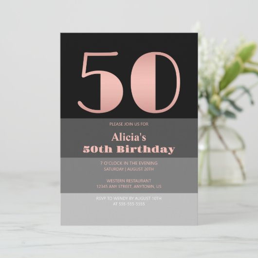 Roos Gouden Script Zwart Grijs Strepen 50e Verjaar Kaart (Staand voorkant)