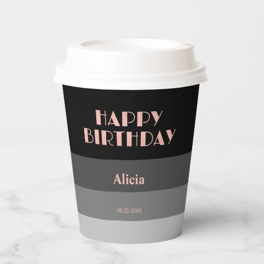 Roos Gouden Script Zwart Grijs Stripes Verjaardag Papieren Bekers (Voorkant)
