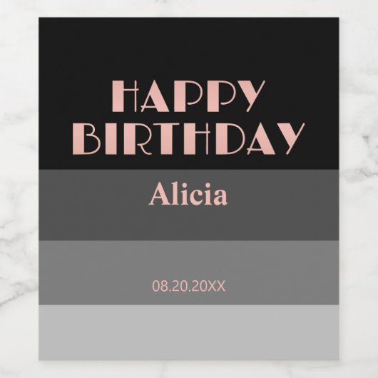 Roos Gouden Script Zwart Grijs Stripes Verjaardag Wijn Etiket (Enkel label)