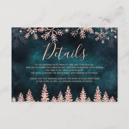 Roos gouden sneeuwden blauwgroen kerstwinter detai informatiekaartje (Voorkant)