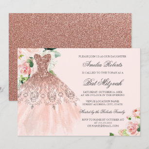 Roos Gouden Sparkle Dress Floral Bat Mitzvah Kaart