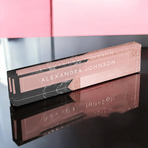 Roos Gouden Sparkle Glitter Folie en Zwart Marmer Naambordje