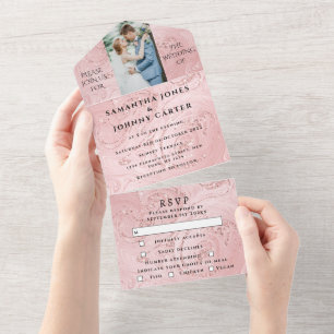 Roos Gouden Sparkle RSVP Elegante Foto Bruiloft All In One Uitnodiging
