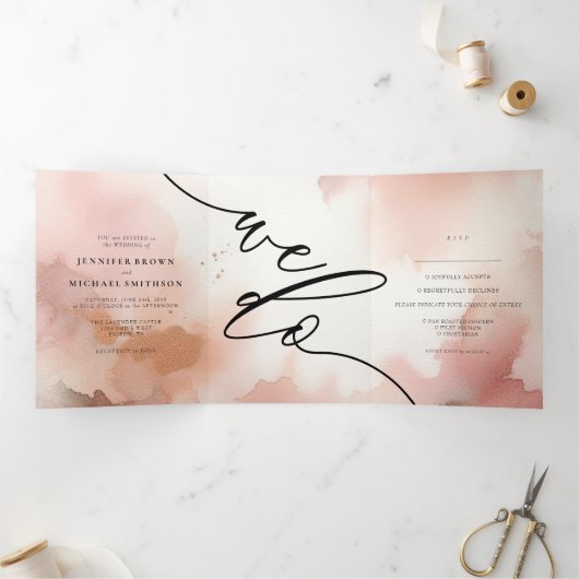 Roos gouden stof Waterverf monogram uitnodigen Drieluik Kaart (Binnen)