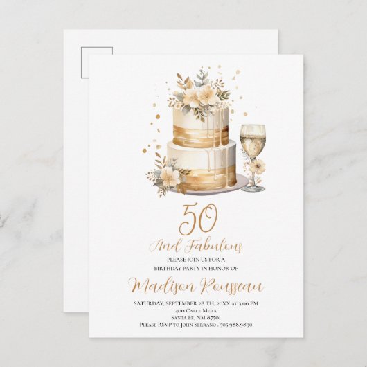 Roos Gouden Taart Champagne 50e Verjaardag Uitnodiging Briefkaart (Voorkant / Achterkant)