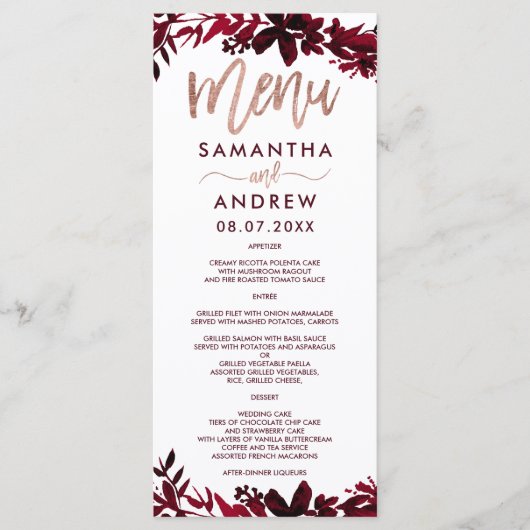 Roos gouden typografie Floral rood bruiloft menu (Voorkant)