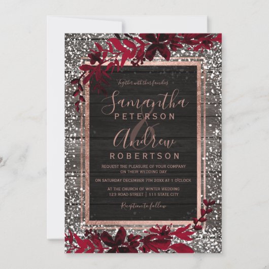 Roos gouden typografie rode bladsneeuw bruiloft kaart (Voorkant)