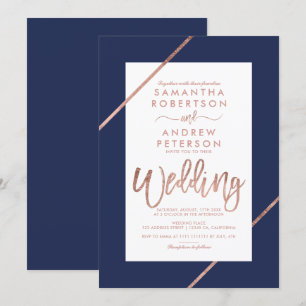 Roos gouden typografie streept marvy blue bruiloft kaart