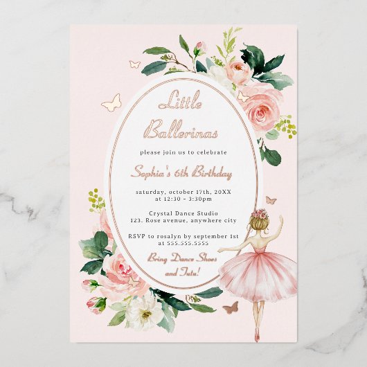 Roos Gouden Vlinder Bloemen Ballerina Kids Verjaar Folie Uitnodiging (Voorkant)