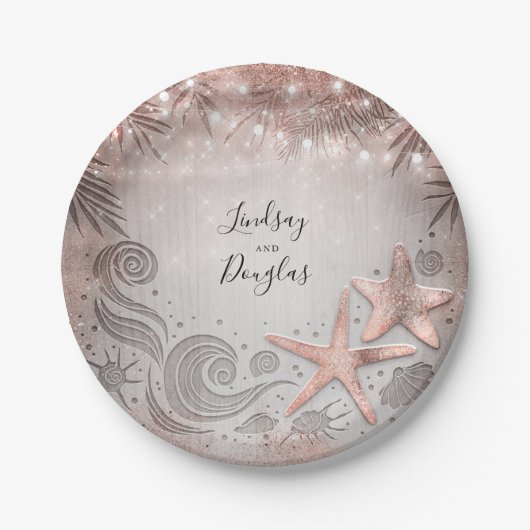Roos gouden zeester tropische strand bruiloft papieren bordje (Voorkant)