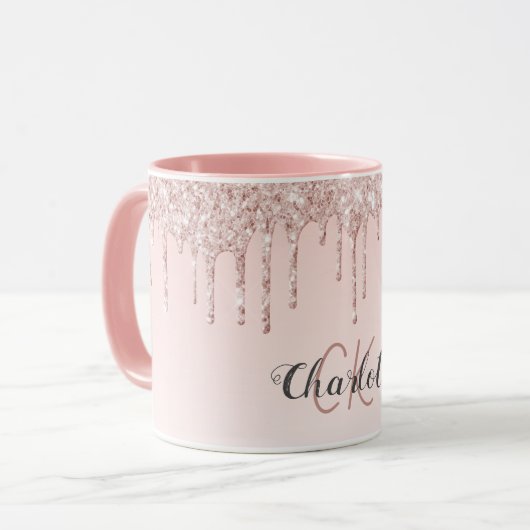 Roos gouden zwarte glitter monogram initiaal scrip mok (Voorkant links)