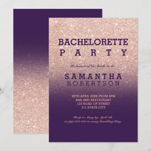 Roos goudfaux glitter paarse bachelorette kaart (Voorkant / Achterkant)