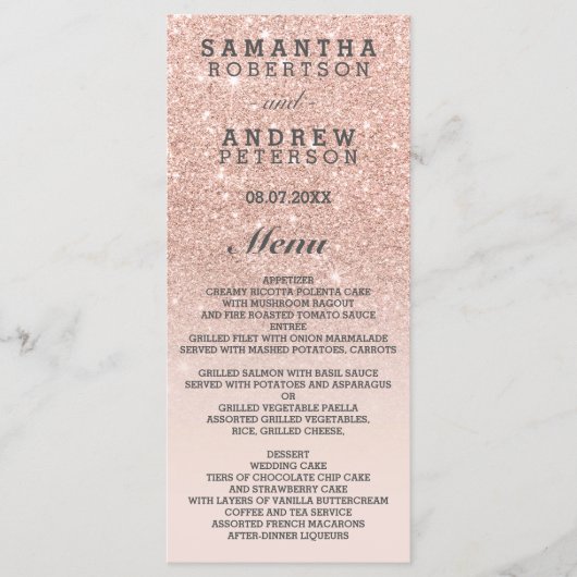 Roos goudfaux glitter roze ombre trouwmenu menu (Voorkant)