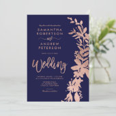 Roos goudflorale marineblauwe bruiloft kaart (Staand voorkant)