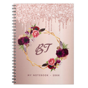 Roos goudfloralen monogram bogundy notitieboek