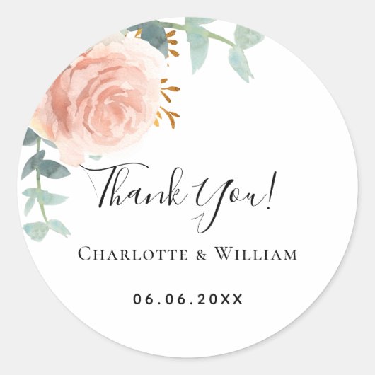 Roos goudfloreucalyptus bedankt voor je bruiloft ronde sticker (Voorkant)