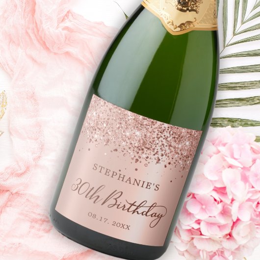 Roos Goudfolie Glitter 30e Verjaardag Monogram Sparkling Wijnetiket