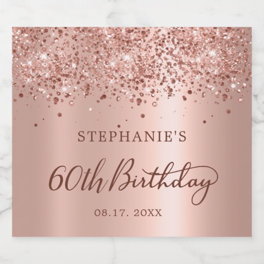 Roos Goudfolie Glitter 60e Verjaardag Monogram Sparkling Wijnetiket (Enkel label)