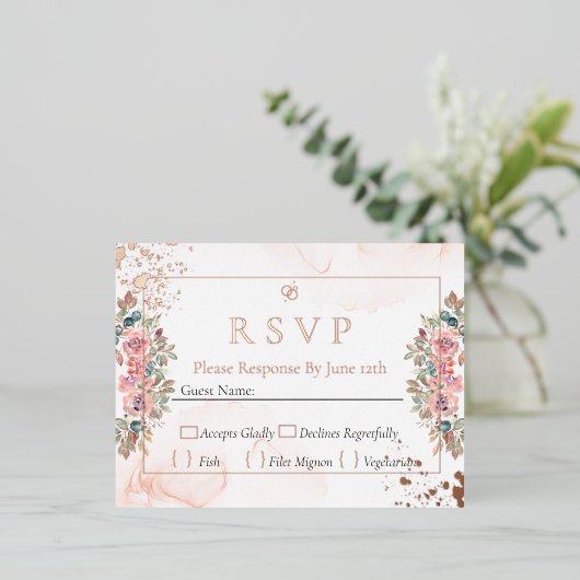 Roos goudfolie rsvp bruiloft folie feestdagen briefkaart (Staand Voorkant)
