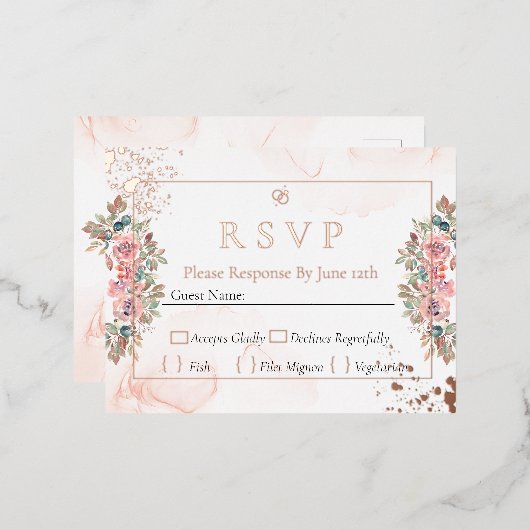 Roos goudfolie rsvp bruiloft folie feestdagen briefkaart (Voorkant / Achterkant)