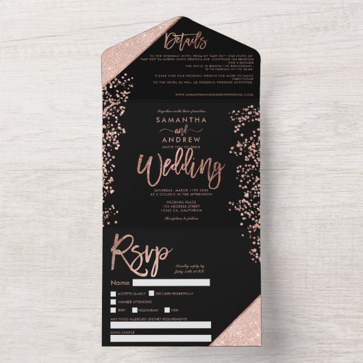 Roos goudglitter confetti chic black bruiloft all in one uitnodiging (Binnen)