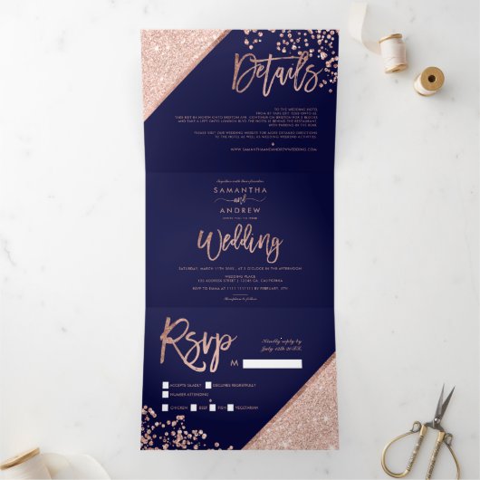 Roos goudglitter confetti navy blue bruiloft drieluik uitnodiging (Binnen)