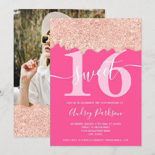 Roos goudglitter druppelt foto neonroze Sweet 16 Kaart