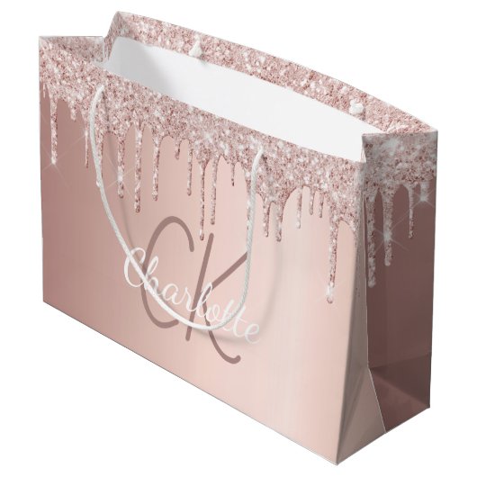 Roos goudglitter druppelt monogram elegant groot cadeauzakje (Achterkant Gekanteld)
