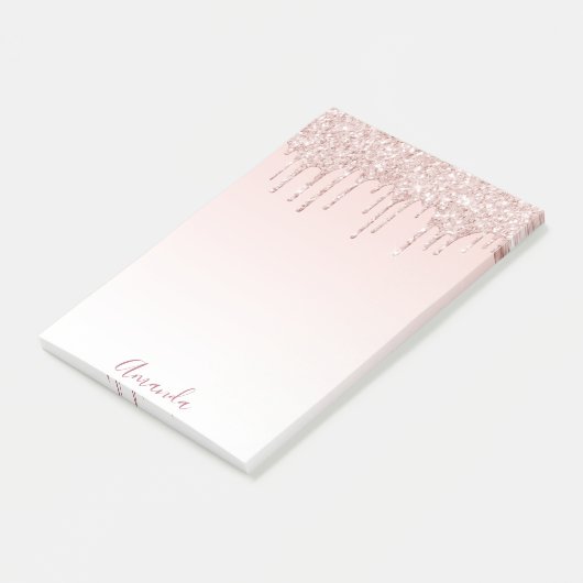 Roos goudglitter druppelt naamscript post-it® notes (Schuin)